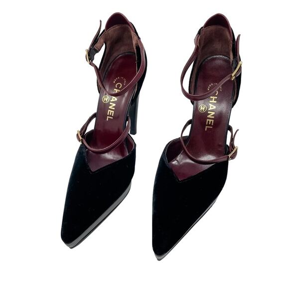 Chanel Vintage Point Toe d’Orsay Velvet & Wood Platform High Heels size 38/US 7 - Picture 7 of 14